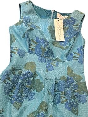 Lela Rose couture boutique  A-line Sleeveless shift Blue Floral Jacquard Dress